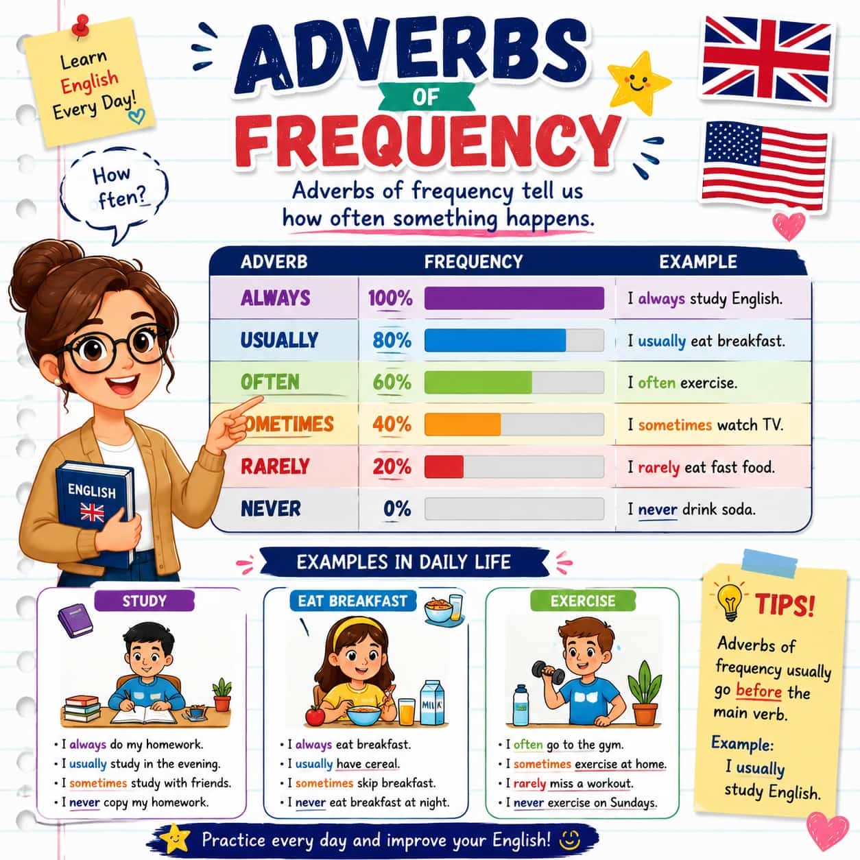 آموزش قیدهای تکرار در انگلیسی (Adverbs of Frequency)