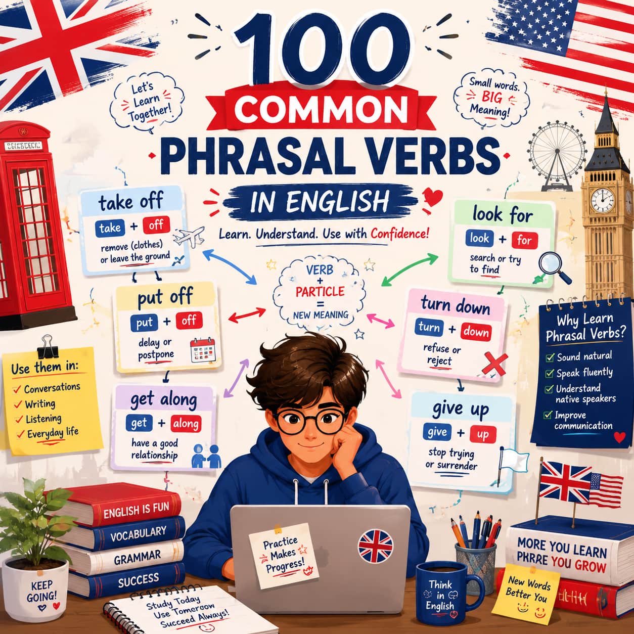 100 Phrasal Verbs (افعال عبارتی) پرکاربرد در زبان انگلیسی